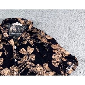 Floral Hawaiian Shirt Men S Black Tan S/S Textured Seersucker Beach Vacation Top
